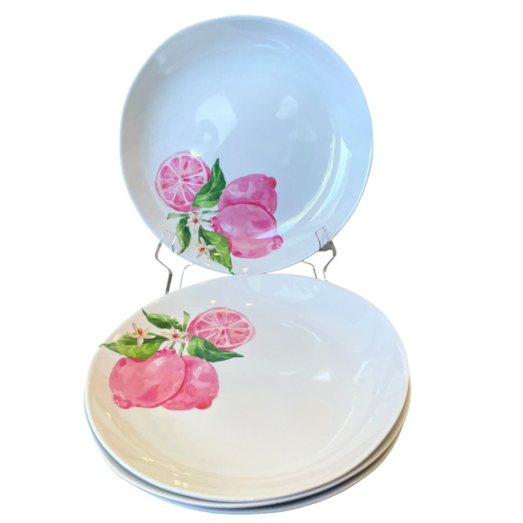 Soho Loft Pink Lemons Melamine Dinner Plates 11in Summer Fruit Set of 4 NEW - Picture 1 of 5